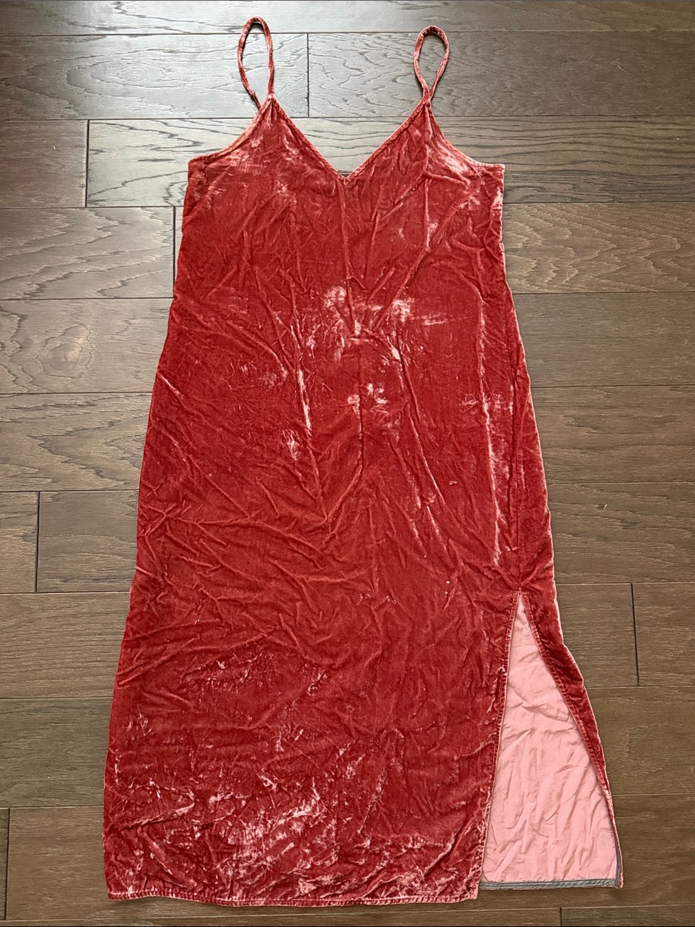 7 For All Mankind Rust Pink Crushed Velvet Velour Midi Slip Dress w Side Slits